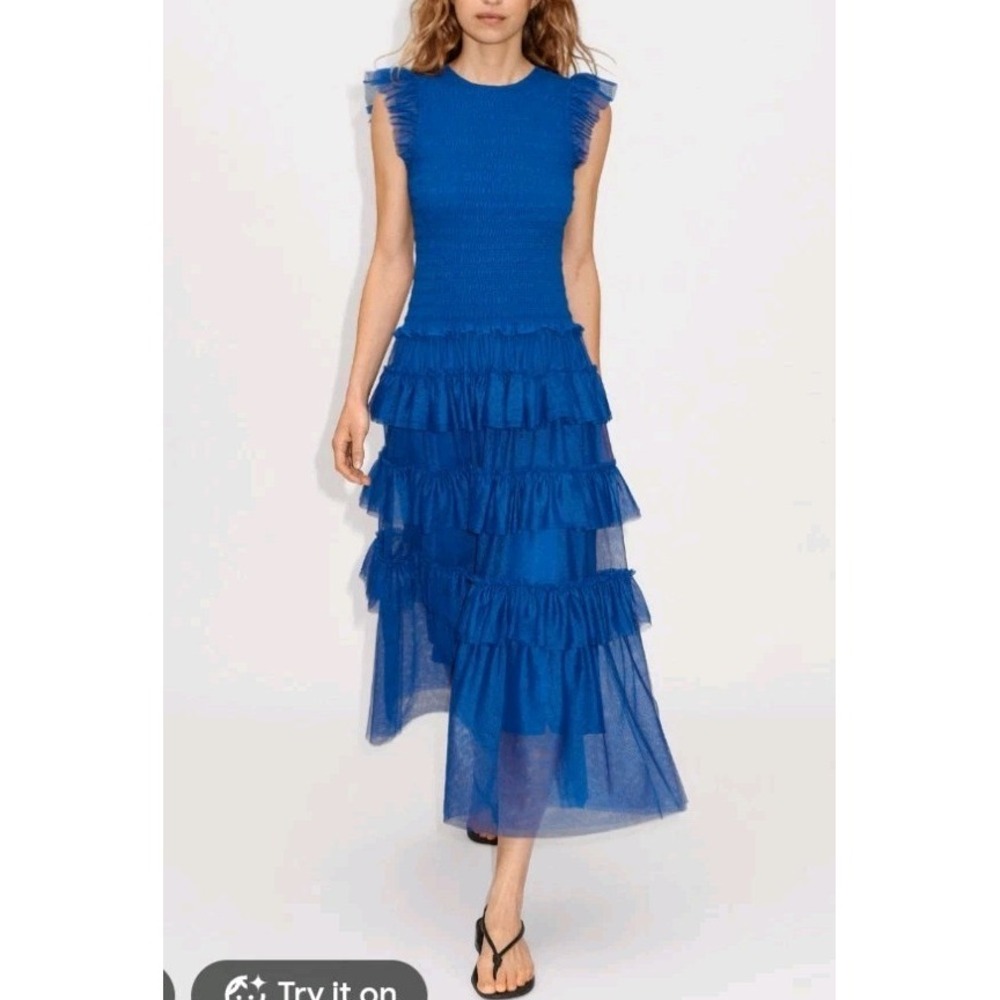 ME+EM Ethereal Tulle Shirred Midi Dress Womens 8 Royal Blue Tiered Wedding Party